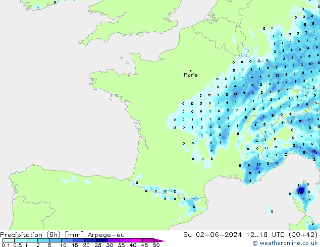 Precipitation (6h) Arpege-eu Su 02.06.2024 18 UTC