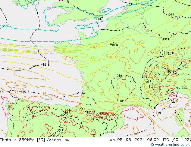 Theta-e 850hPa Arpege-eu We 05.06.2024 06 UTC