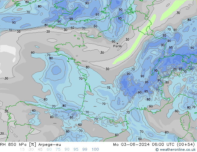 Humedad rel. 850hPa Arpege-eu lun 03.06.2024 06 UTC