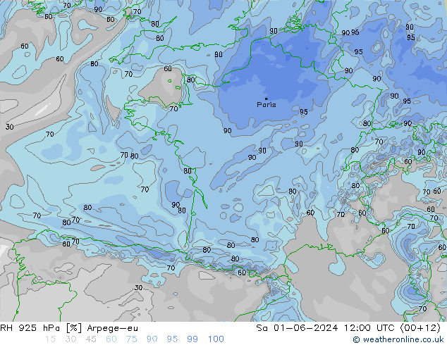 RH 925 hPa Arpege-eu Sa 01.06.2024 12 UTC