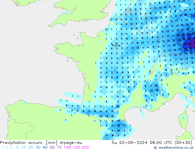 Precipitation accum. Arpege-eu Вс 02.06.2024 06 UTC
