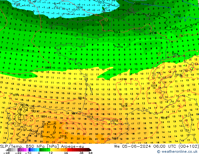 SLP/Temp. 850 hPa Arpege-eu mer 05.06.2024 06 UTC