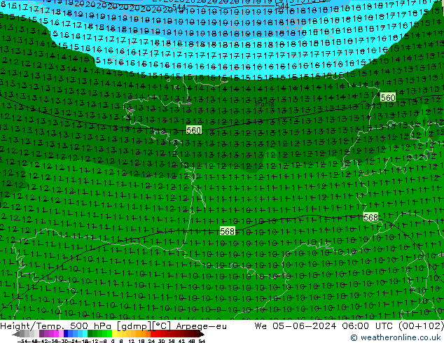 Height/Temp. 500 hPa Arpege-eu  05.06.2024 06 UTC