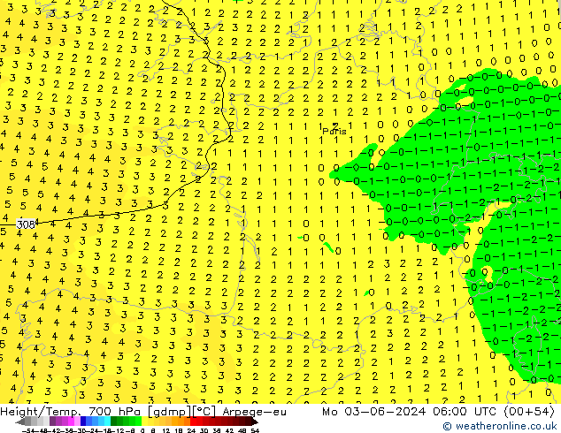 Height/Temp. 700 hPa Arpege-eu Seg 03.06.2024 06 UTC