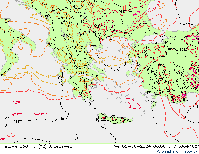 Theta-e 850hPa Arpege-eu mer 05.06.2024 06 UTC