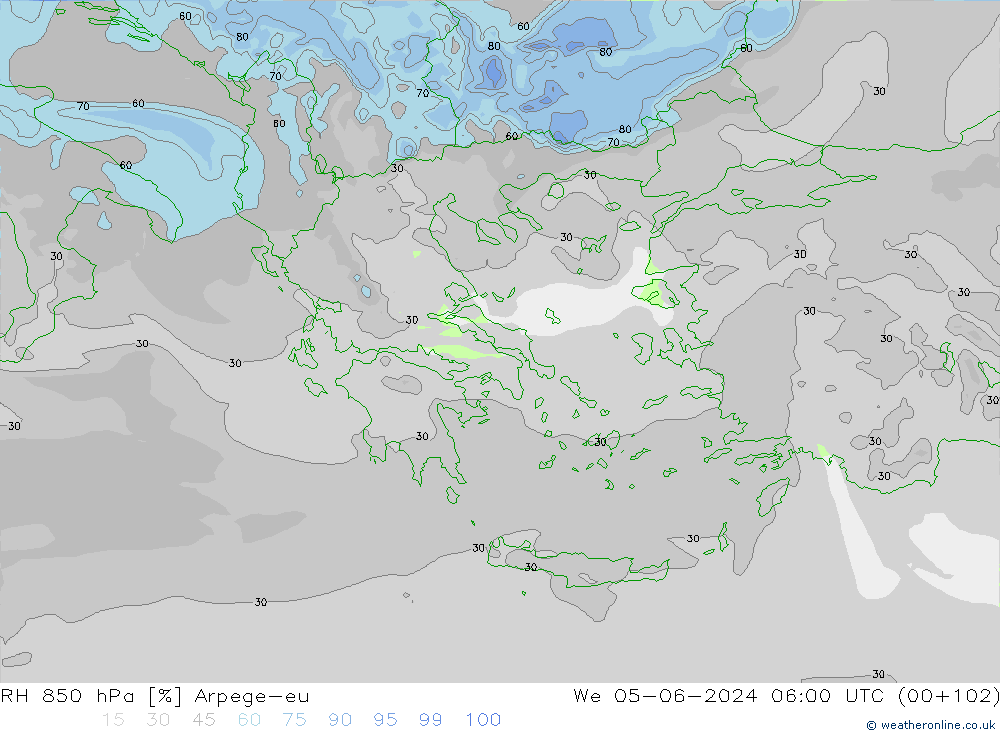 RH 850 hPa Arpege-eu mer 05.06.2024 06 UTC
