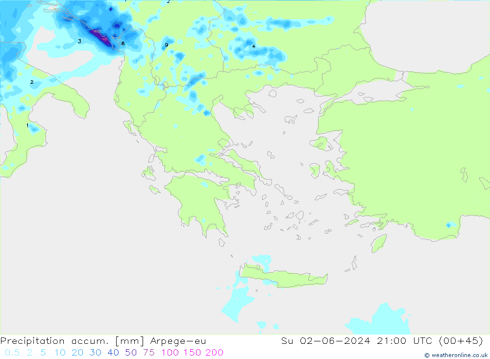 Precipitation accum. Arpege-eu Вс 02.06.2024 21 UTC