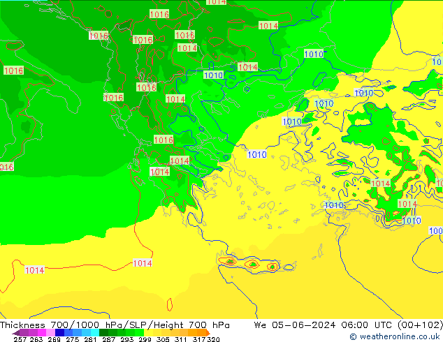 Thck 700-1000 hPa Arpege-eu śro. 05.06.2024 06 UTC