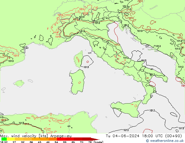 Max. wind velocity Arpege-eu Tu 04.06.2024 18 UTC