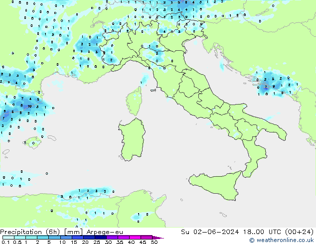 осадки (6h) Arpege-eu Вс 02.06.2024 00 UTC