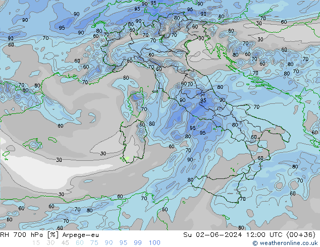 RH 700 hPa Arpege-eu nie. 02.06.2024 12 UTC