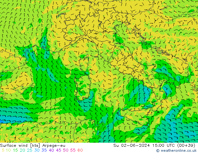 Surface wind Arpege-eu Su 02.06.2024 15 UTC