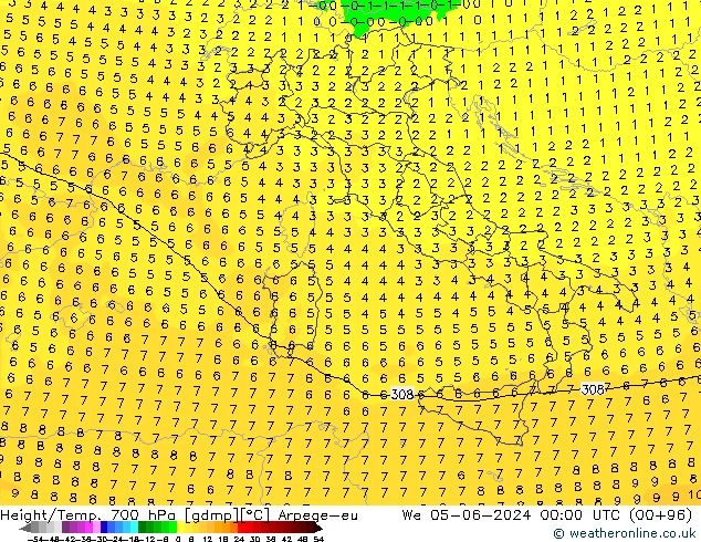 Height/Temp. 700 hPa Arpege-eu  05.06.2024 00 UTC