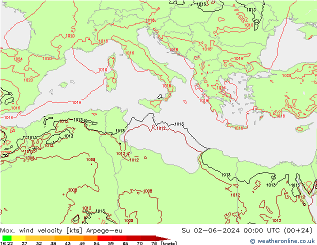 Max. wind velocity Arpege-eu  02.06.2024 00 UTC