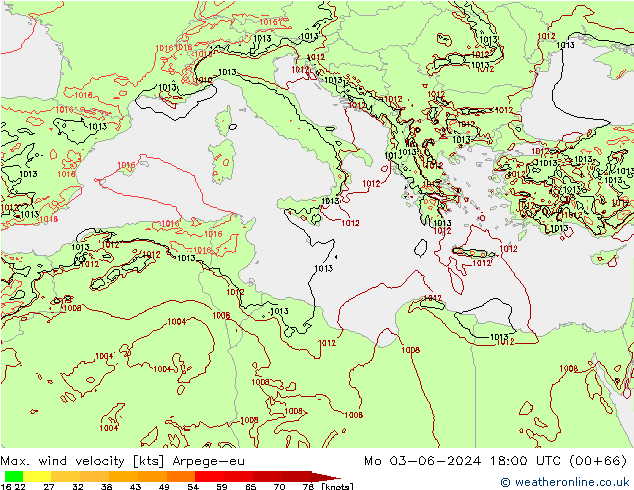 Max. wind velocity Arpege-eu Mo 03.06.2024 18 UTC