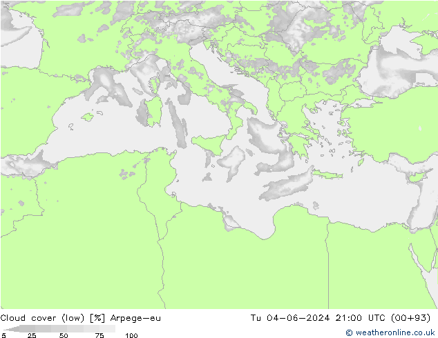 Cloud cover (low) Arpege-eu Tu 04.06.2024 21 UTC