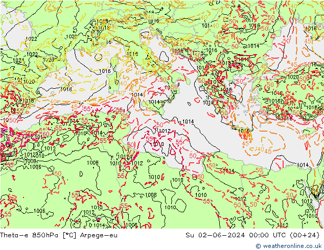 Theta-e 850hPa Arpege-eu  02.06.2024 00 UTC