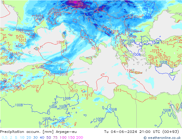 Precipitation accum. Arpege-eu Tu 04.06.2024 21 UTC