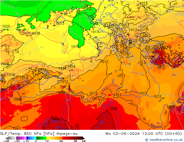 SLP/Temp. 850 hPa Arpege-eu Mo 03.06.2024 12 UTC