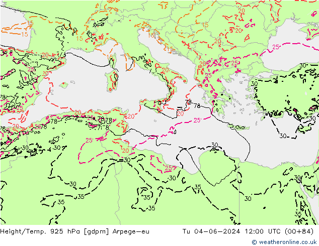 Height/Temp. 925 гПа Arpege-eu вт 04.06.2024 12 UTC