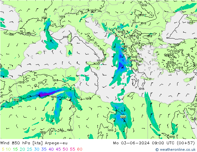 Wind 850 hPa Arpege-eu Po 03.06.2024 09 UTC