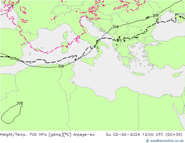 Height/Temp. 700 hPa Arpege-eu Ne 02.06.2024 12 UTC