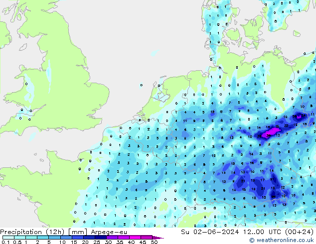Totale neerslag (12h) Arpege-eu zo 02.06.2024 00 UTC