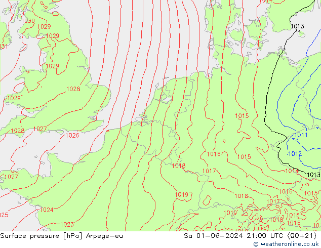 Pressione al suolo Arpege-eu sab 01.06.2024 21 UTC