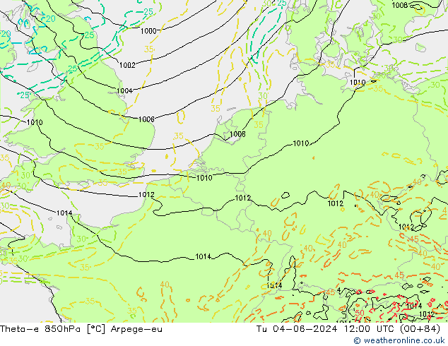 Theta-e 850hPa Arpege-eu di 04.06.2024 12 UTC