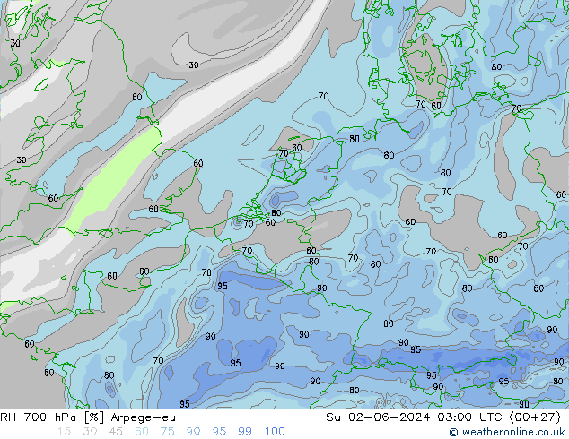 Humedad rel. 700hPa Arpege-eu dom 02.06.2024 03 UTC