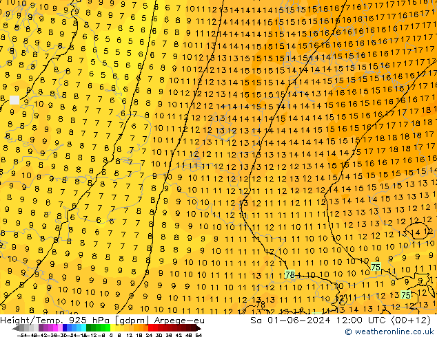 Yükseklik/Sıc. 925 hPa Arpege-eu Cts 01.06.2024 12 UTC