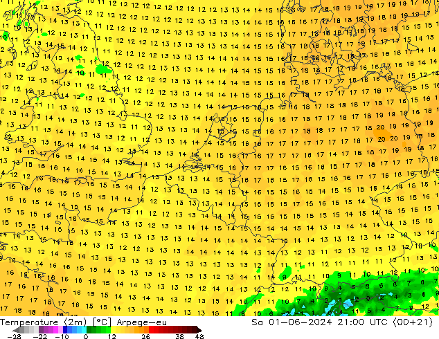 Temperatura (2m) Arpege-eu Sáb 01.06.2024 21 UTC