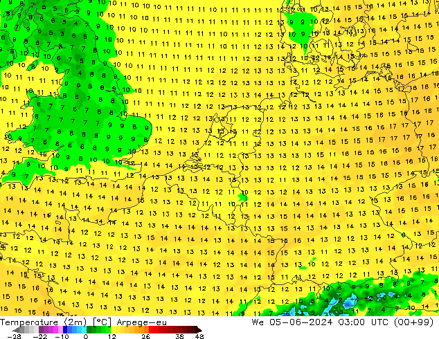 mapa temperatury (2m) Arpege-eu śro. 05.06.2024 03 UTC