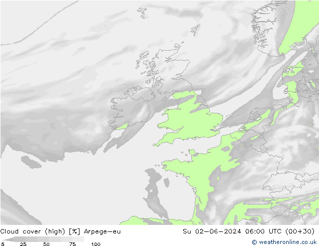 Cloud cover (high) Arpege-eu Su 02.06.2024 06 UTC
