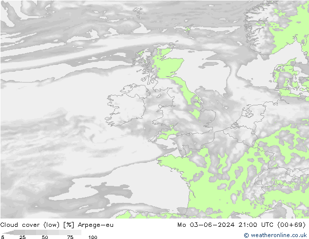 Cloud cover (low) Arpege-eu Mo 03.06.2024 21 UTC