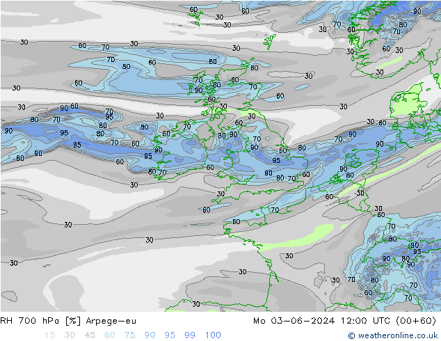Humidité rel. 700 hPa Arpege-eu lun 03.06.2024 12 UTC