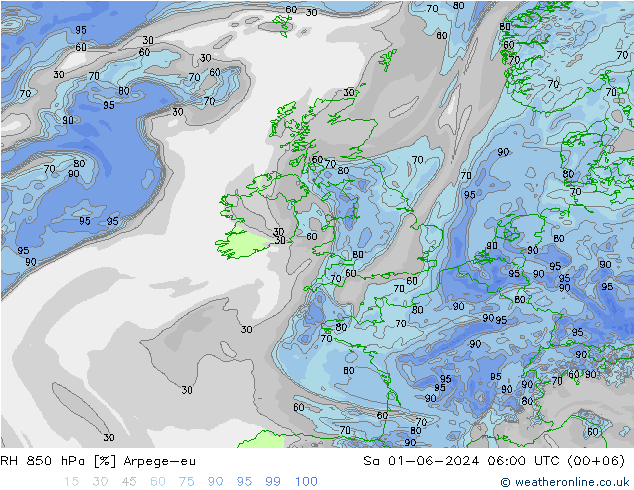 RH 850 hPa Arpege-eu  01.06.2024 06 UTC