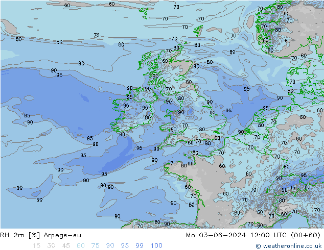 RH 2m Arpege-eu Po 03.06.2024 12 UTC