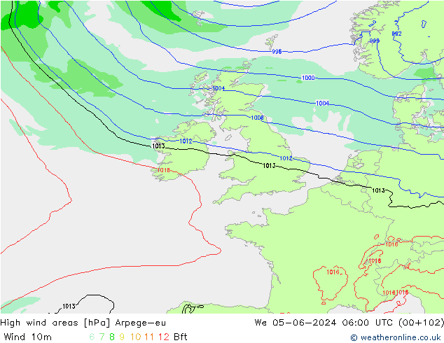 High wind areas Arpege-eu mié 05.06.2024 06 UTC