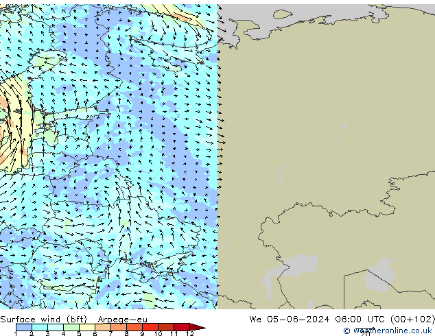 Wind 10 m (bft) Arpege-eu wo 05.06.2024 06 UTC