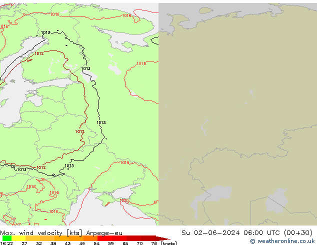 Max. wind velocity Arpege-eu dom 02.06.2024 06 UTC