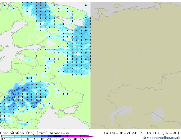 Precipitation (6h) Arpege-eu Tu 04.06.2024 18 UTC