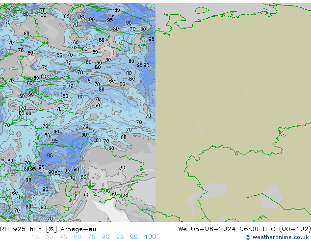 RH 925 hPa Arpege-eu Mi 05.06.2024 06 UTC