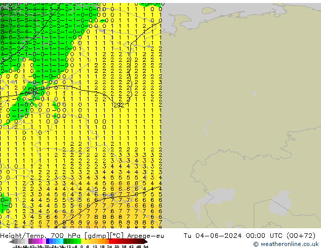 Height/Temp. 700 hPa Arpege-eu Tu 04.06.2024 00 UTC