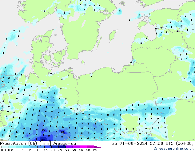 Precipitazione (6h) Arpege-eu sab 01.06.2024 06 UTC