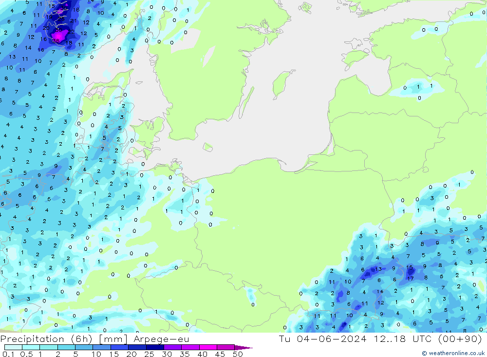 осадки (6h) Arpege-eu вт 04.06.2024 18 UTC