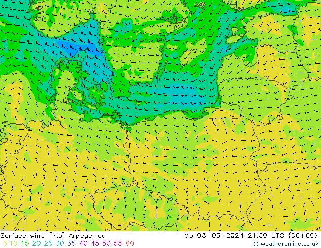 Surface wind Arpege-eu Mo 03.06.2024 21 UTC