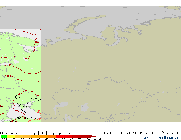 Max. wind velocity Arpege-eu Tu 04.06.2024 06 UTC