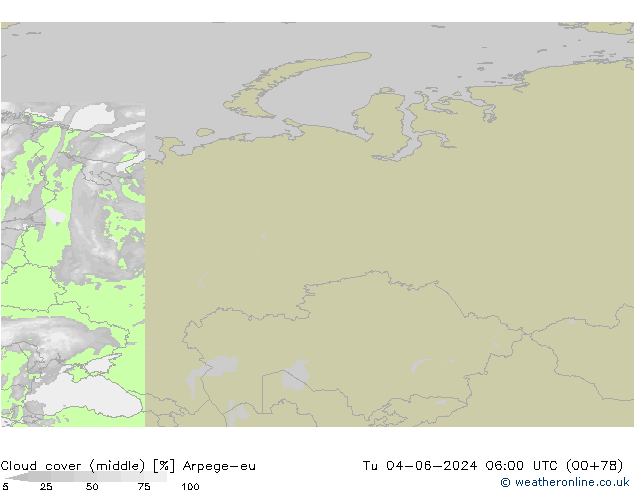 Cloud cover (middle) Arpege-eu Tu 04.06.2024 06 UTC