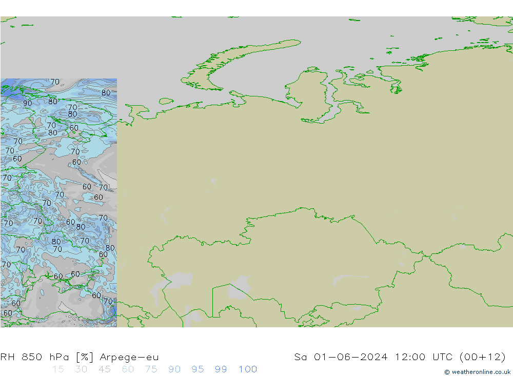 RH 850 hPa Arpege-eu Sa 01.06.2024 12 UTC